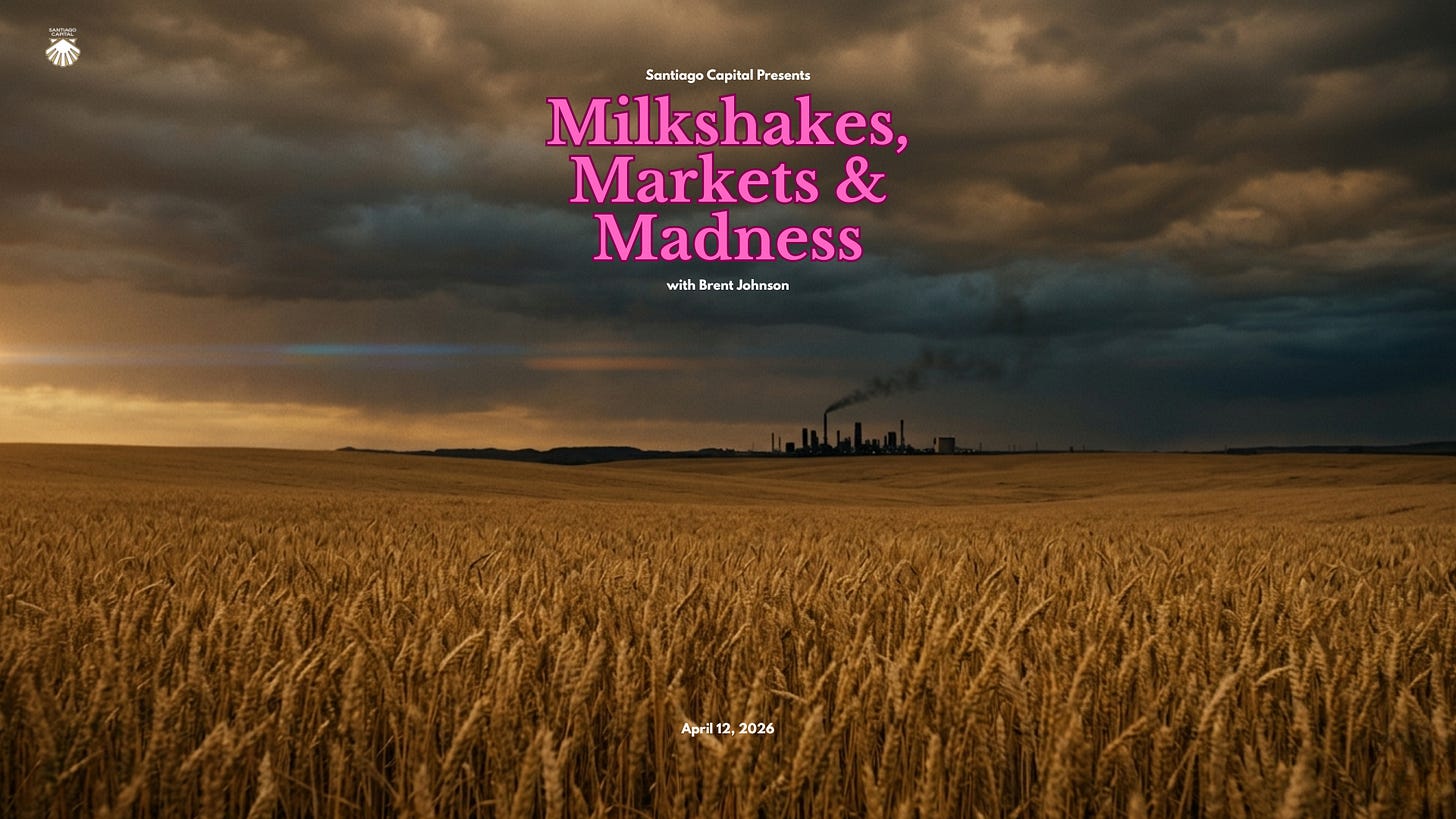 Santiago Capital presentation cover featuring wheat field landscape with stormy sky and city skyline