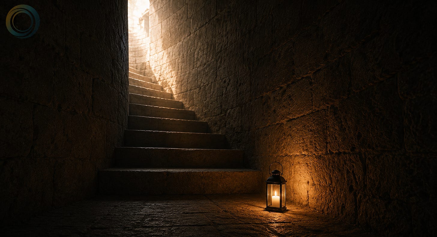 The Aperture Field_Leaving a Light On_A small warm light resting in a shadowed architectural stairwell, suggesting presence, care, and accompaniment without rescue. The Aperture Field_Leaving a Light On_A small warm light resting in a shadowed architectural stairwell, suggesting presence, care, and accompaniment without rescue.