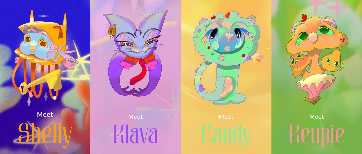 Darstellung der vier Kreaturen von "Under Your Internet": Shelly, Klava, Candy, Keupie.