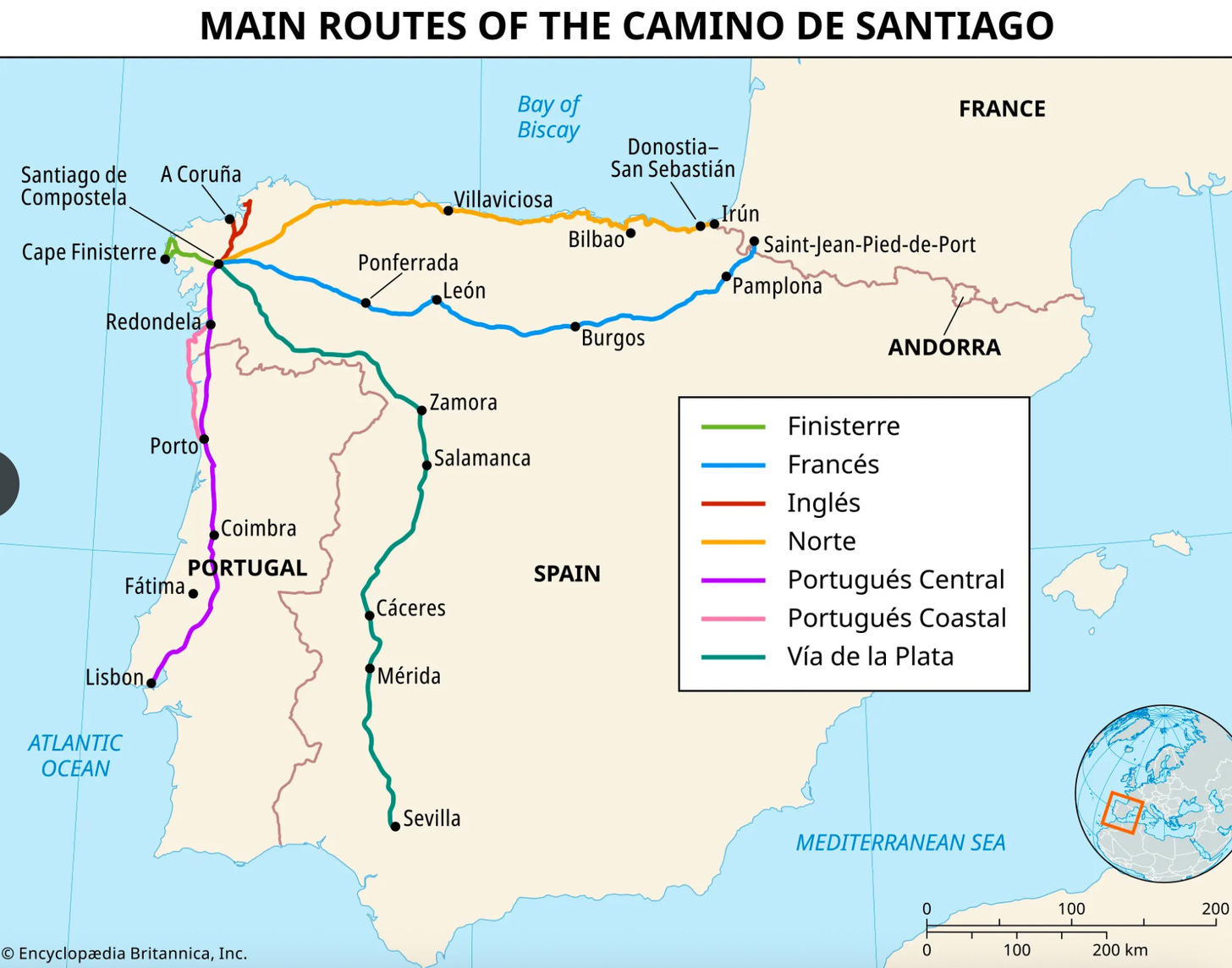 Main routes of the camino de Santiago Main routes of the camino de Santiago