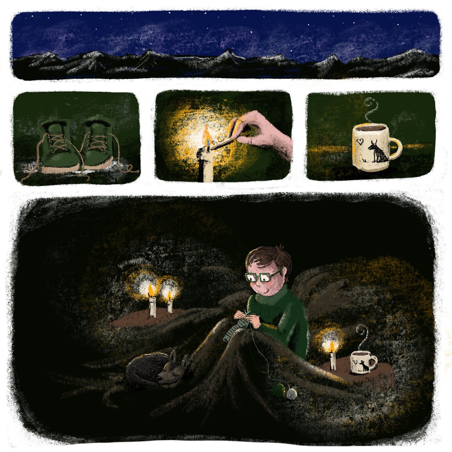 Image description: A five panel comic. The first panel is a landscape view of the mountains shown on the first page. Night has fallen and the peaks are lightly dusted in snow. The second row has three short panels. One shows walking boots, removed with a bit of melting snow beneath them. In the second panel, and hand lights a candle with a match. In the thirs panel, and cream mug with a picture of a cute dog on it contains a a steaming hot drink, and is lit by golden candlelight. In the final panel, the human and dog are cosied up beneath blankets, lit by candles. The human is knitting a stript sock with hot drink close by. The dog is curled up asleep at their feet, content.