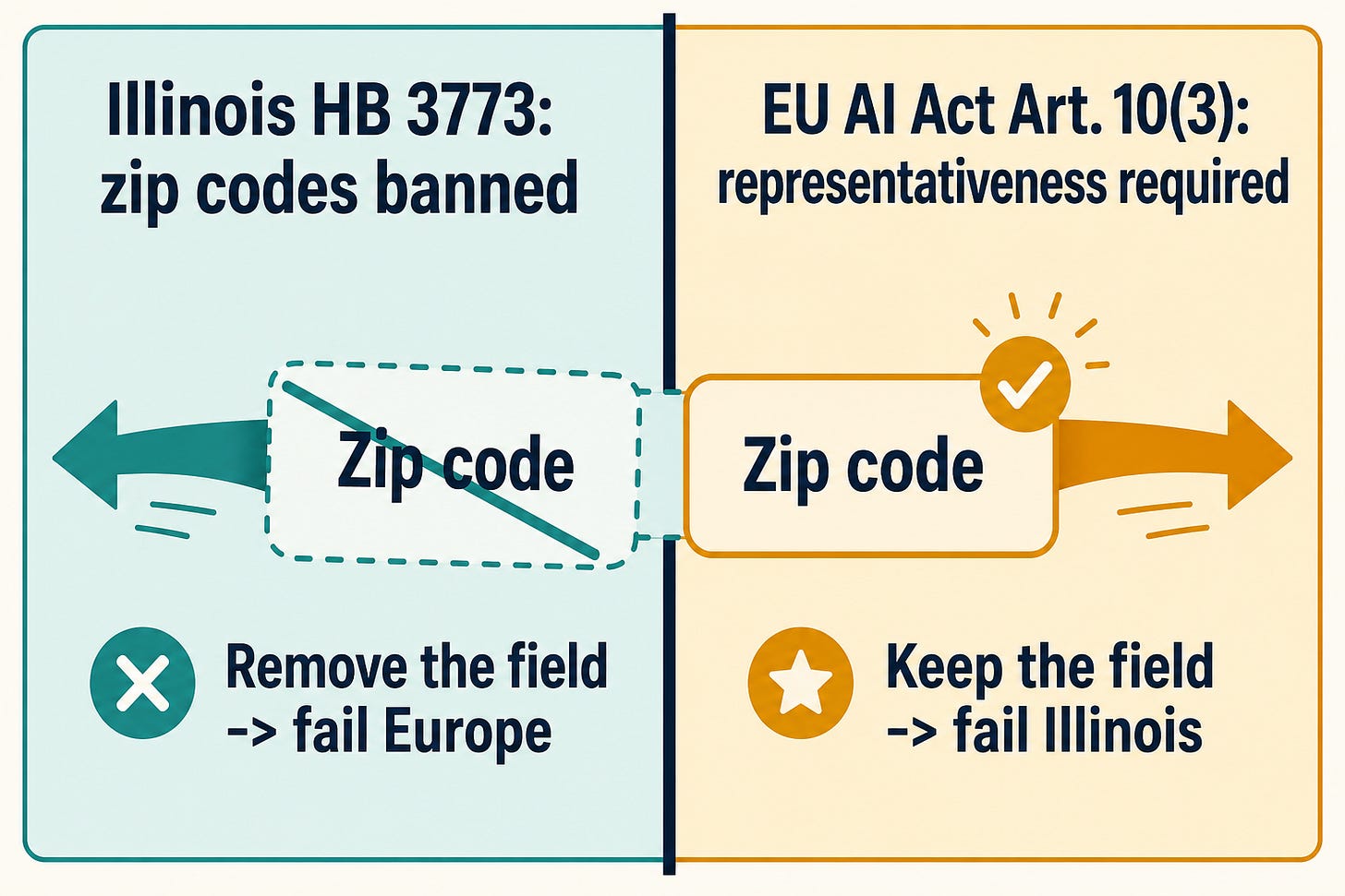 Split panel showing the zip-code field banned by Illinois HB 3773 but required by EU AI Act Article 10(3).