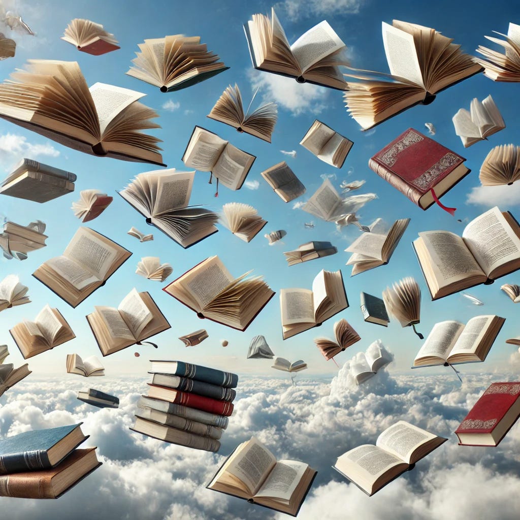 A photorealistic image of several books flying away in the sky, with the books opening and their pages fluttering in the wind. The scene is set during the day with a bright blue sky and scattered clouds. The books vary in size and color, with some hardcover and some paperback, giving the impression of freedom and motion as they drift into the distance.