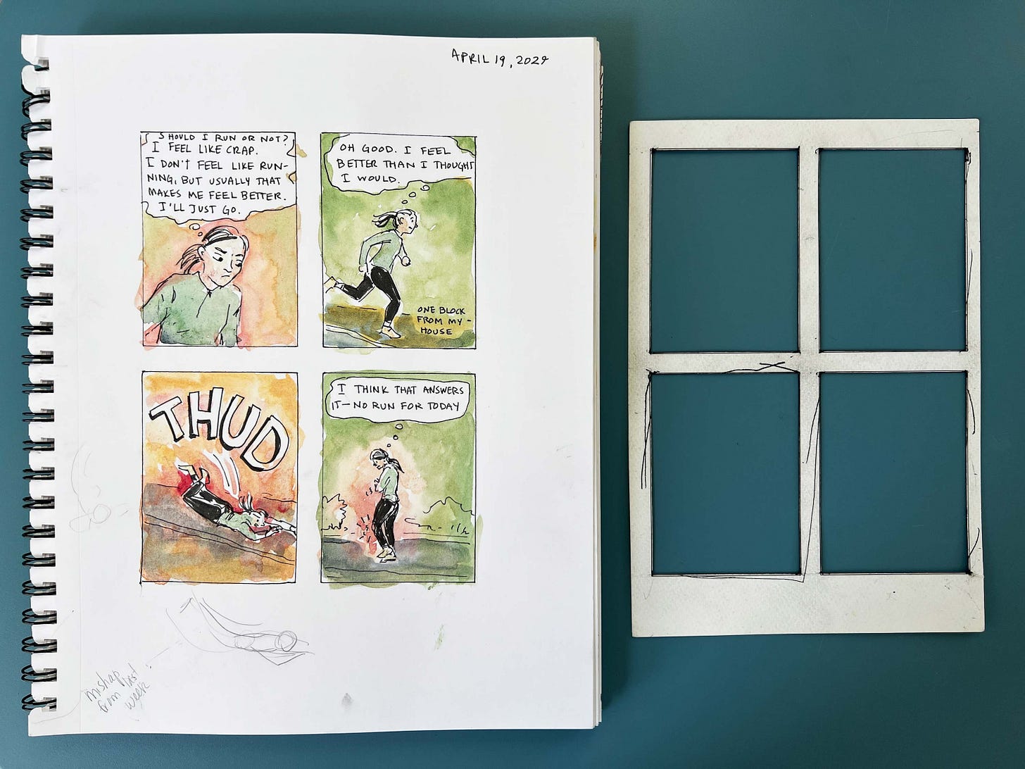 K. Woodman-Maynard, sketchbook page showing watercolor and ink diary comic, and the four-panel stencil used to create panels for diary comics. K. Woodman-Maynard, sketchbook page showing watercolor and ink diary comic, and the four-panel stencil used to create panels for diary comics.