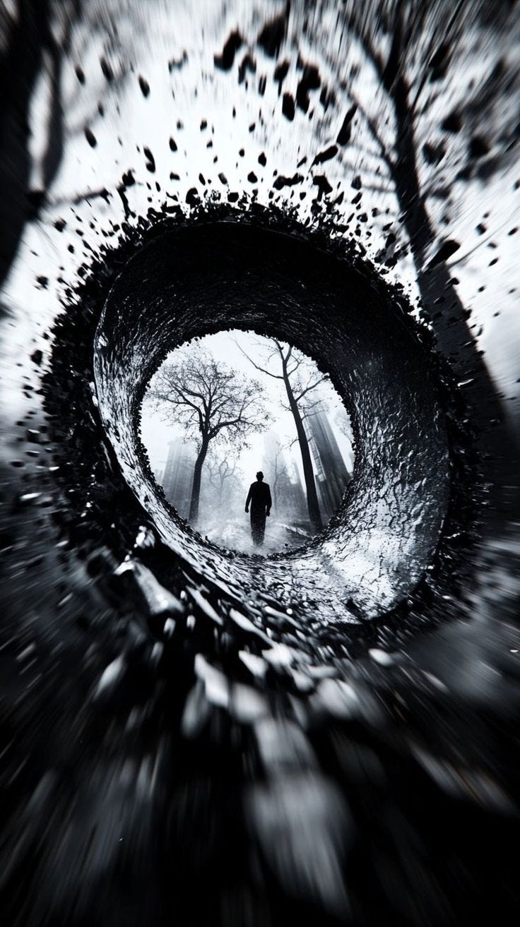 This may contain: a man standing in the middle of a forest filled with trees and raindrops