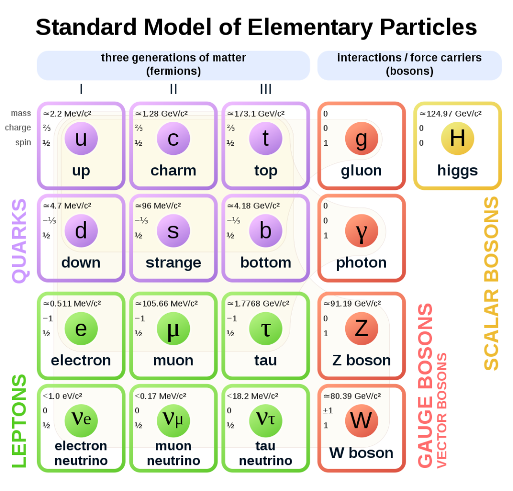 The standard model contains 17 known elementary particles. Image Credit: Wikimedia