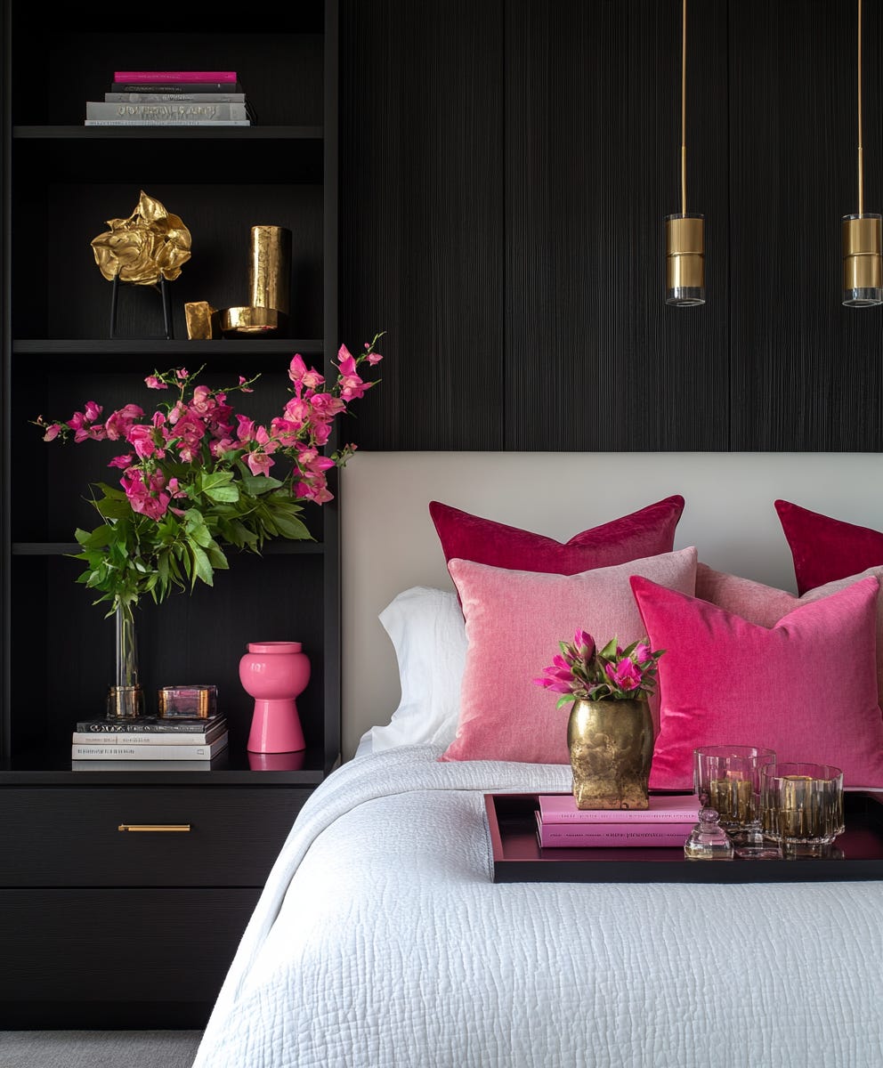 modern bedroom with black walls, white bed, and hot pink accessories, plush design interiors adelaide