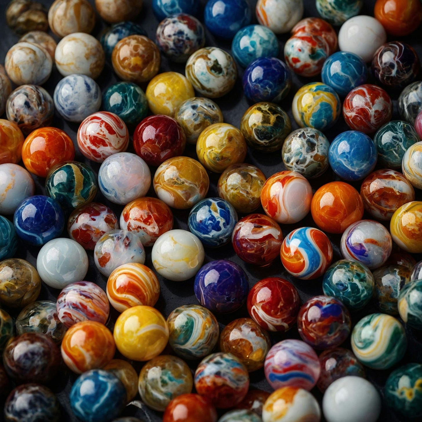A close-up view shows dozens of glossy glass marbles densely scattered across a dark background. The marbles feature varied swirls, streaks, and mottled patterns in blue, red, orange, yellow, green, white, purple, and brown, with reflected light emphasizing their rounded surfaces.