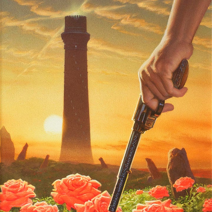 LEFT: Detail from SHOWDOWN AT END WORLD featuring a view of the Dark Tower with the sun descending to the horizon behind it. In the immediate foreground, only forearm and hand of the Gunslinger falls in frame as the long barrel points down to ground covered with roses. Scrollwork is etched on the underside of the metal and at the base of the sandalwood grips. RIGHT: Close detail from SHOWDOWN AT END WORLD featuring the scrollwork etched in the metal on the underside of Roland's big revolver.