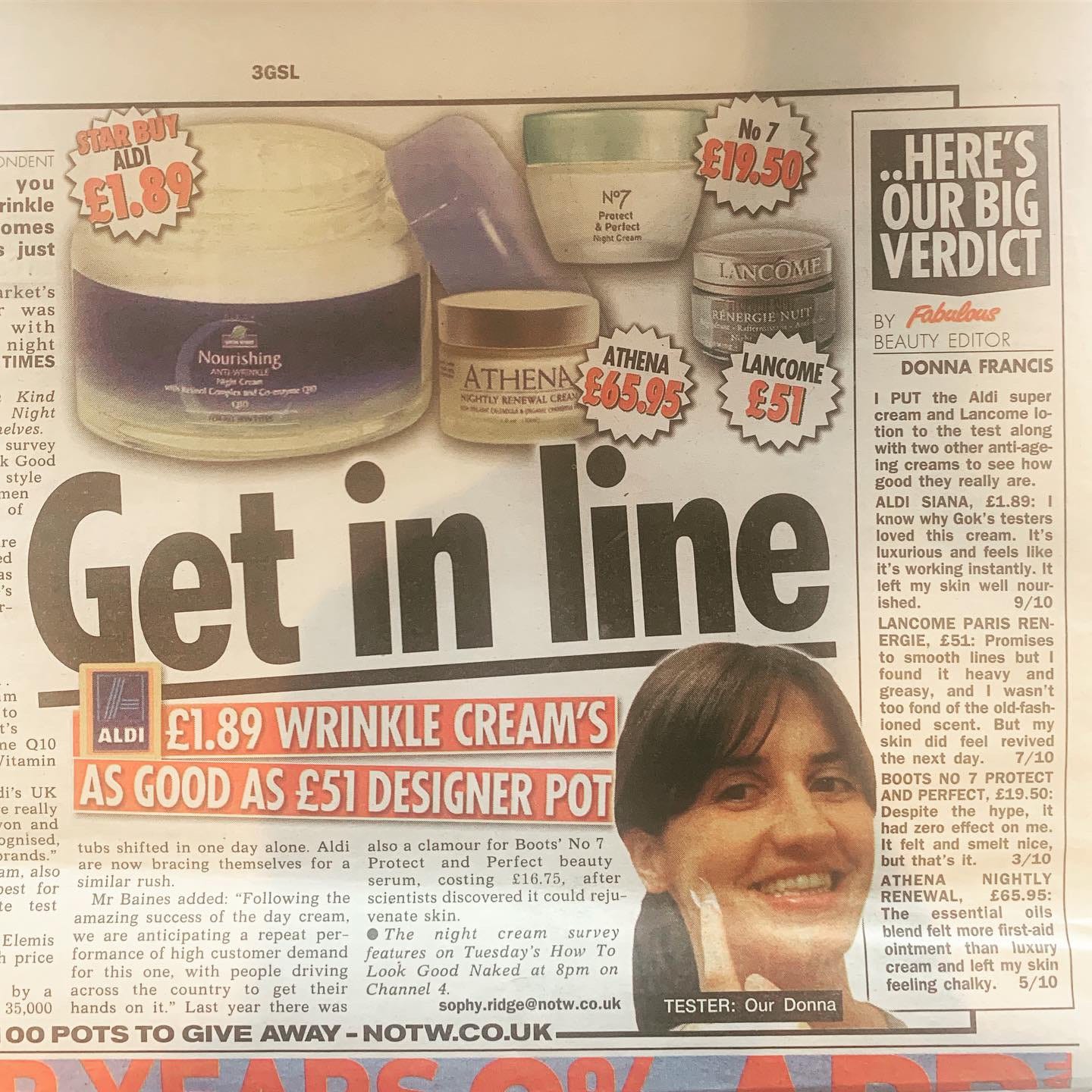 A picture of award-winning Beauty Editor Donna Francis in The Sun newspaper trying No7 Protect & Perfect