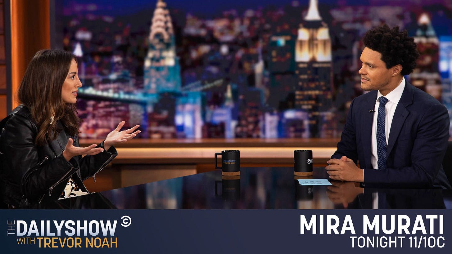OpenAI CTO Mira Murati talks with Trevor Noah during an interview in studio