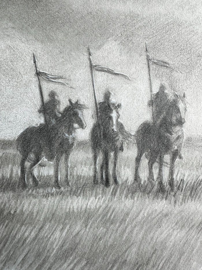 Detail of fantasy illustration of a men on horseback with tasseled spears on a vast plain by Kindrie Grove