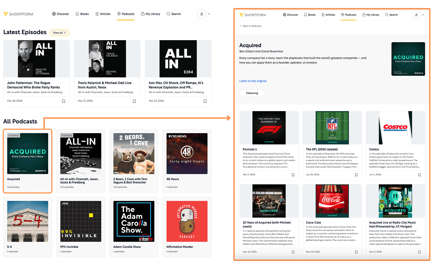 Shortform's Podcasts (desktop view + light mode)