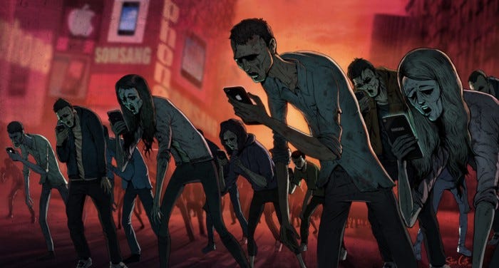 People as zombies shuffling through city streets looking at their phones People as zombies shuffling through city streets looking at their phones