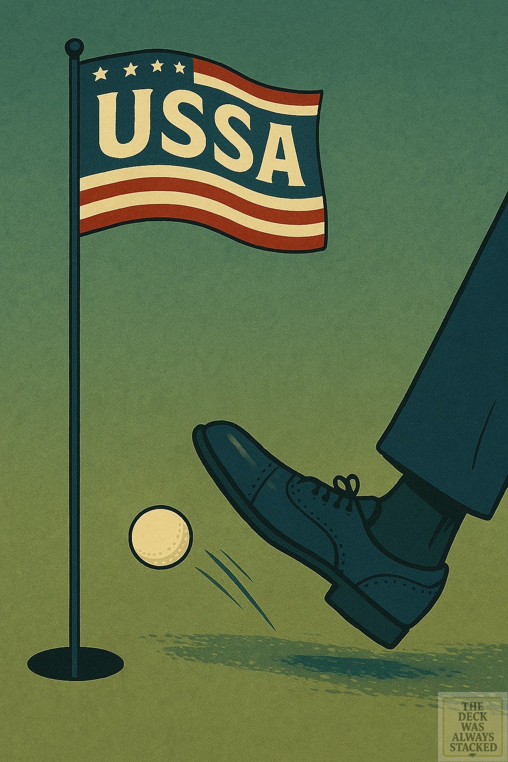 FRAME 5: The Flag Shot USA flag, foot poised. “Ladies and gentlemen, that’s not a putt. That’s a nudge. Completely legal under the new rules of personal branding.” FRAME 5: The Flag Shot USA flag, foot poised. “Ladies and gentlemen, that’s not a putt. That’s a nudge. Completely legal under the new rules of personal branding.”