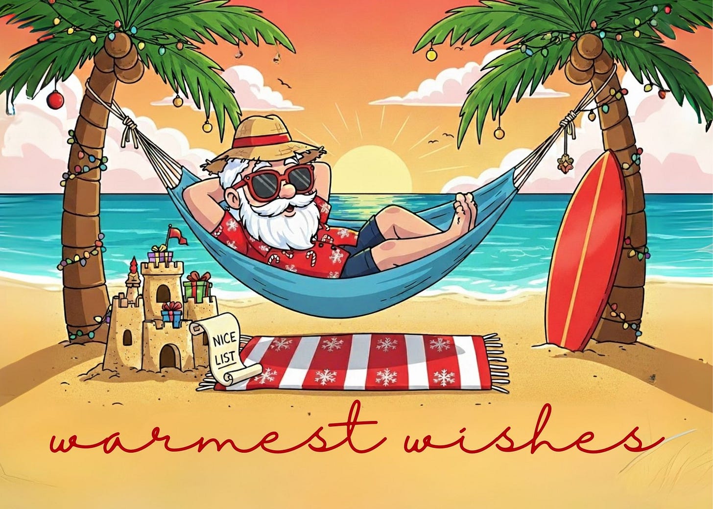 Santa in a hammock on a beach with Warmest Wishes