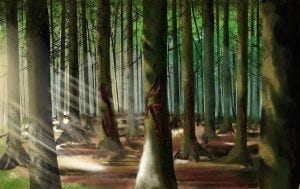 image of the Forest of Ephraim aka wood of Ephraim. It shows trees with blood on trunks. image of the Forest of Ephraim aka wood of Ephraim. It shows trees with blood on trunks.