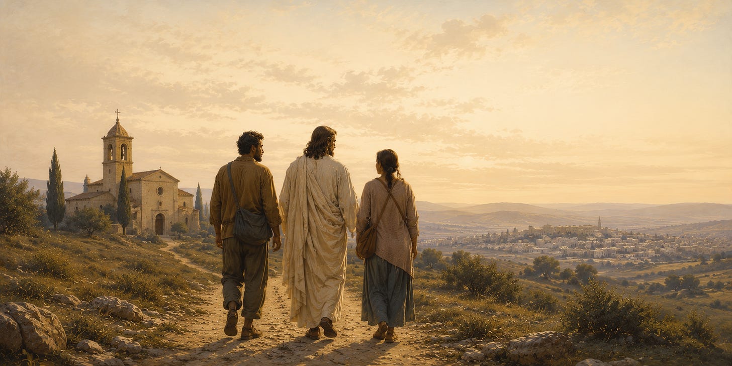 The risen Christ walks alongside two disciples on a winding road between a church and a distant city, symbolizing the Christian journey of carrying faith from worship into daily life. The risen Christ walks alongside two disciples on a winding road between a church and a distant city, symbolizing the Christian journey of carrying faith from worship into daily life.