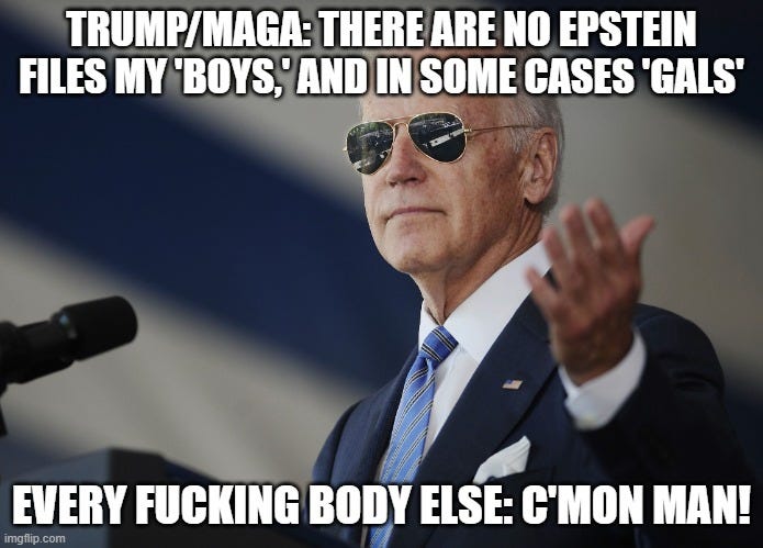 Biden, wearing aviator sunglasses, gestures with his left hand. Caption: Trump/MAGA " There are no Epstein files my boys, and in some cases gals. Every fucking body else: C'mon man!