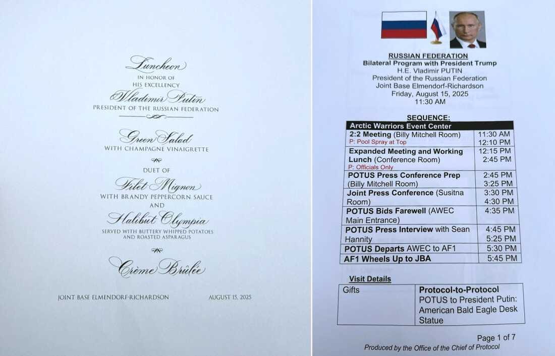 Pictures of two documents about the Trump-Putin meeting in Alaska that were found in a public hotel printer in Anchorage.