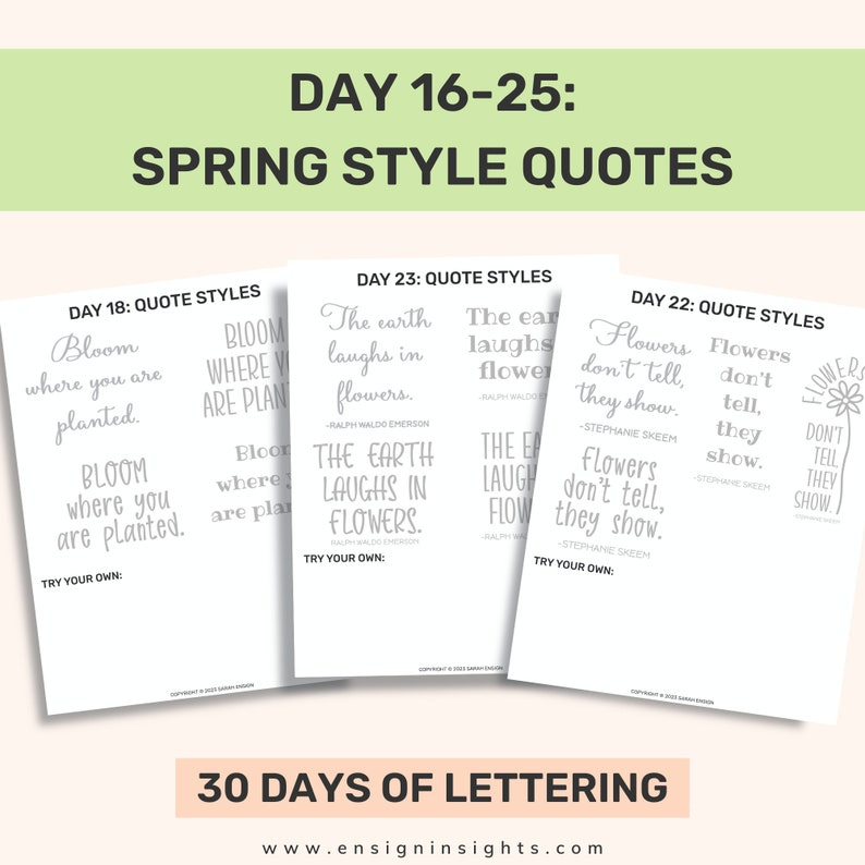 May include: A printable worksheet with three different quote styles for lettering practice. The quotes are about spring and flowers. The worksheet is titled "Day 16-25: Spring Style Quotes".