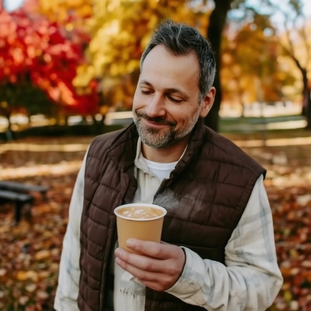Fall time weather with man wearing vest and drinking pumpkin spice latte