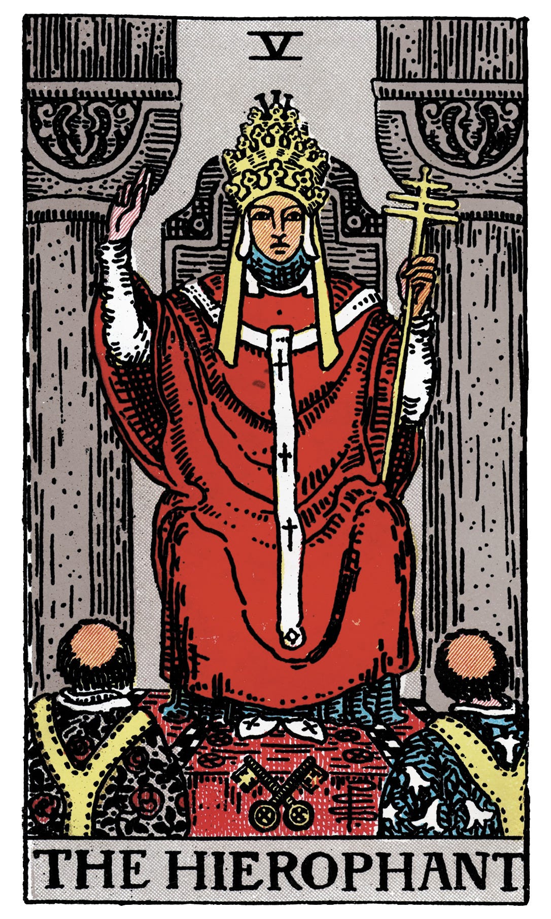 A tarot card illustration of the Hierophant sitting between two pillars, representing the rigid social structures and capitalist baselines of the industrial age.