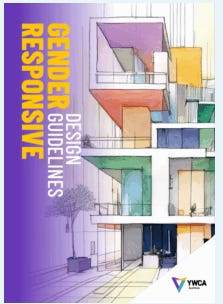 a four storey building, comprised mainly box-like shapes open on at least two slides, with differently coloured interior walls. there is a tree growing outside and as the image fades to purple on the left-hand side the project title "Gender Responsive Design Guidelines" is written in white text.