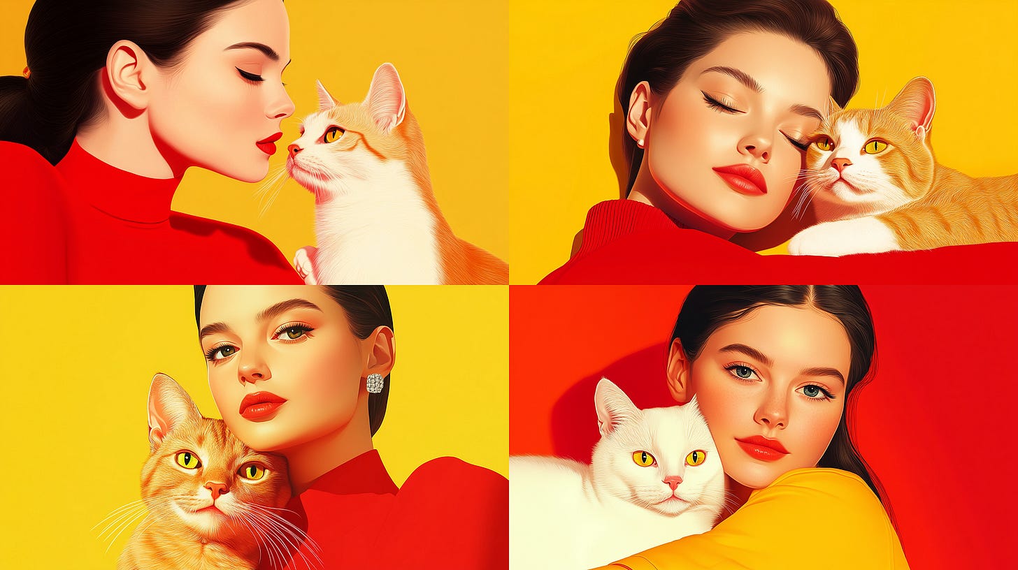 SW 100 (default) /imagine prompt: a lady and cat portrait — sref https://s.mj.run/a6PlQ7Yb3TQ — sw 100 — ar 16:9 — v 6.1 SW 100 (default) /imagine prompt: a lady and cat portrait — sref https://s.mj.run/a6PlQ7Yb3TQ — sw 100 — ar 16:9 — v 6.1