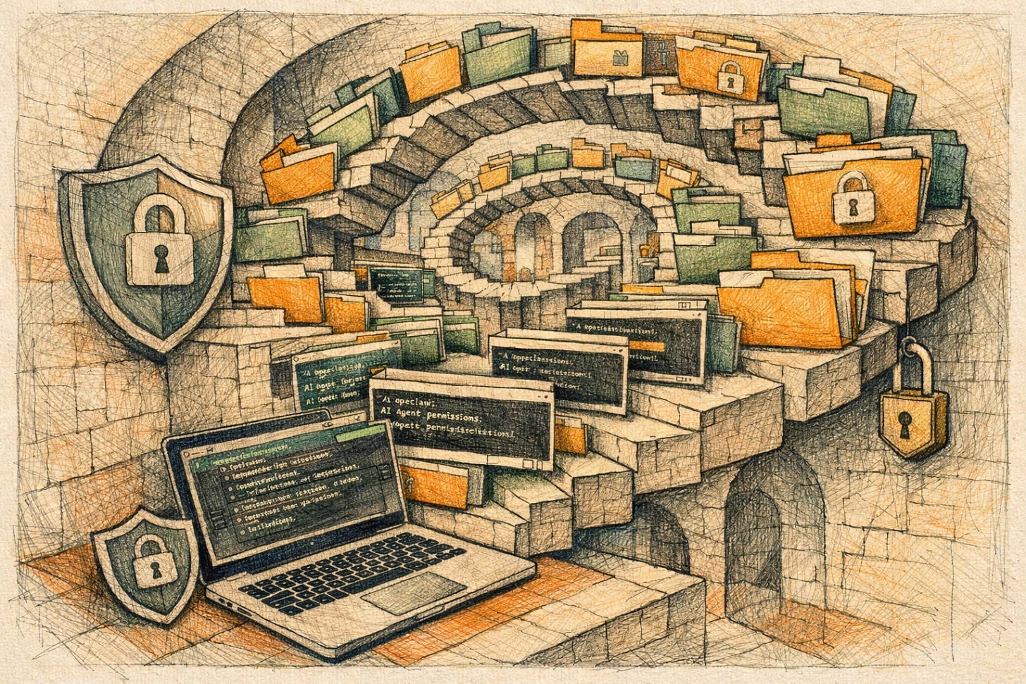 AI agent security risk illustration: OpenClaw permissions on a personal Mac can expose emails, files, and accounts (AI for small business).