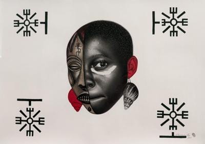 A close-up of a Black figure with one half of the face covered by a carved mask and the other half bare, revealing skin, freckles, and an open eye. The juxtaposition of mask and bare face suggests duality, identity, and code-switching. A close-up of a Black figure with one half of the face covered by a carved mask and the other half bare, revealing skin, freckles, and an open eye. The juxtaposition of mask and bare face suggests duality, identity, and code-switching.