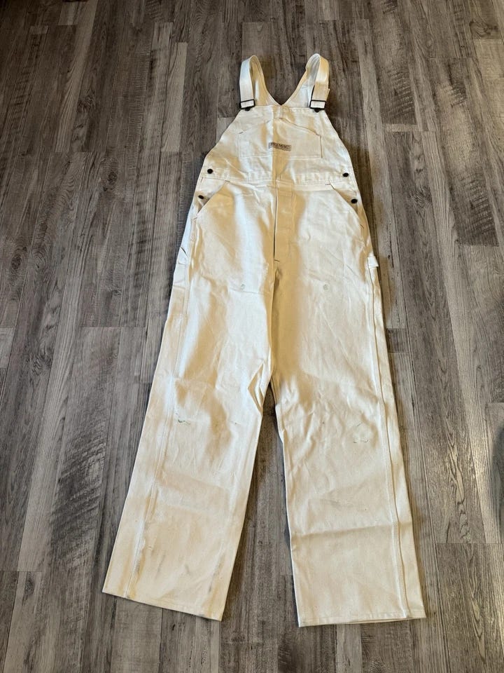 Vintage Big Mac Off White Beige Overalls Carpenter Bibs Sz 38x34 Workwear - Picture 1 of 15