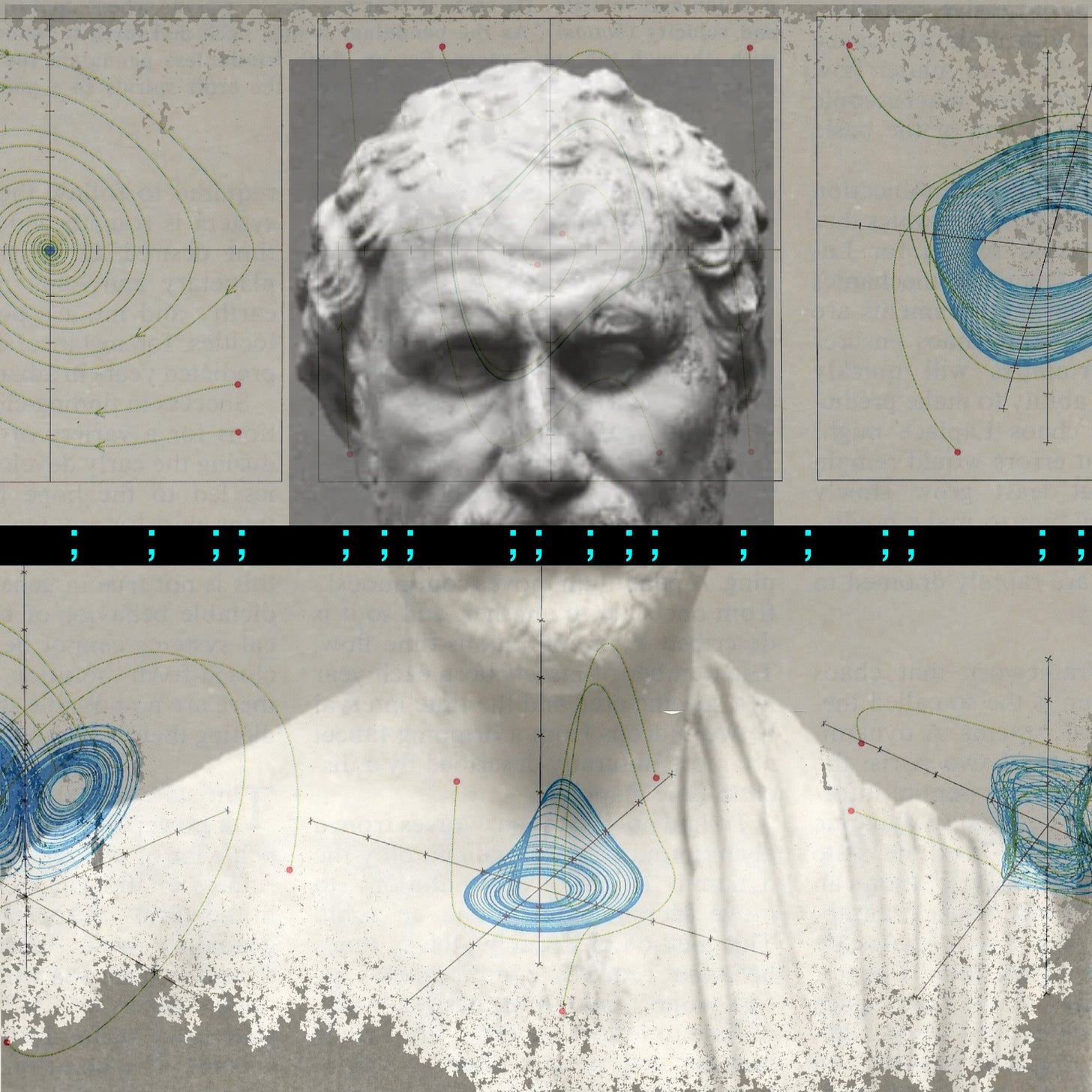 Collage artwork combining a classical white stone bust Demosthenes with scientific visualizations.
