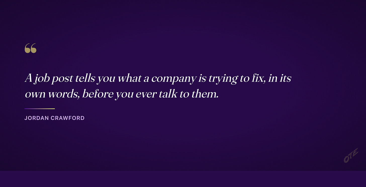 Pull quote: a job post tells you what a company is trying to fix, in its own words, before you ever talk to them Pull quote: a job post tells you what a company is trying to fix, in its own words, before you ever talk to them