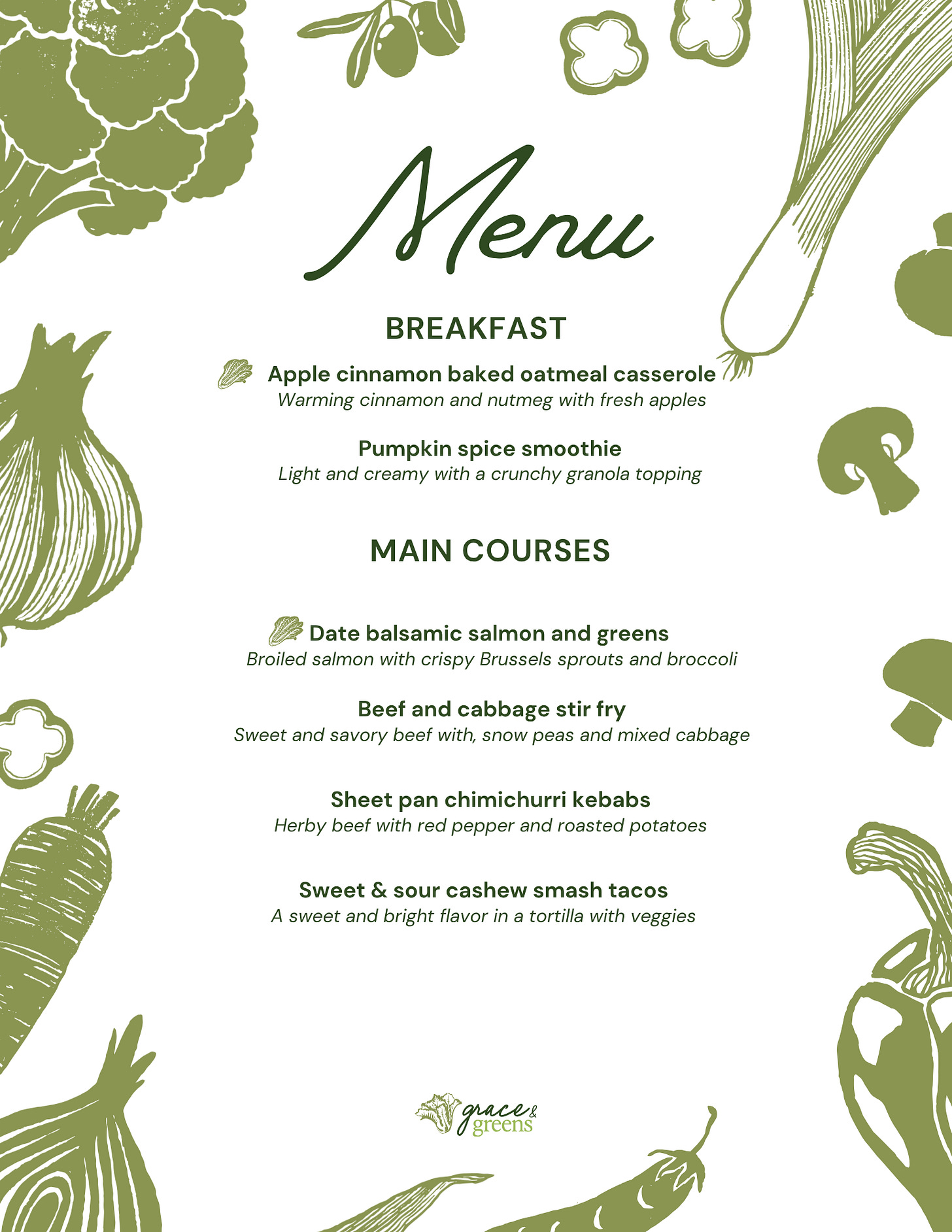 a healthy menu with a variety of delicious meals and green vegetable decorations around the edge. 
