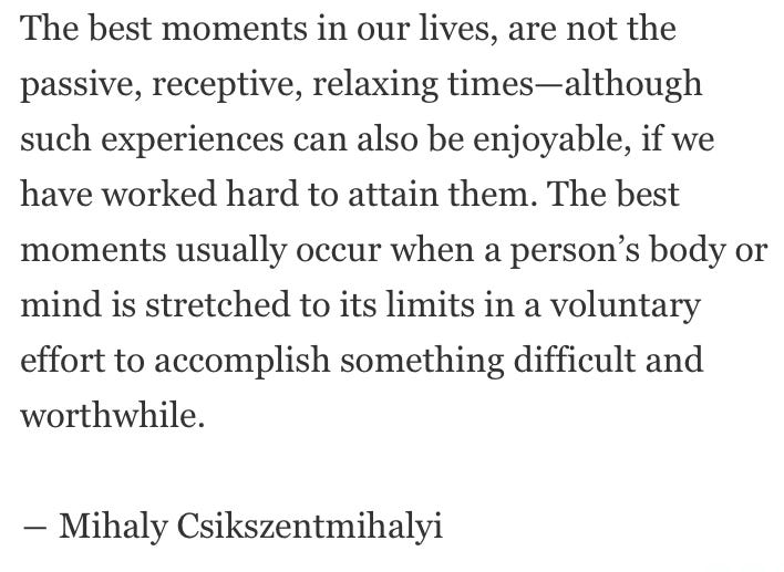 The best moments in our lives, are not the 
passive, receptive, relaxing times—although 
such experiences can also be enjoyable, if we 
have worked hard to attain them. The best 
moments usually occur when a person's body or 
mind is stretched to its limits in a voluntary 
effort to accomplish something difficult and 
worthwhile. 
— Mihaly Csikszentmihalyi 