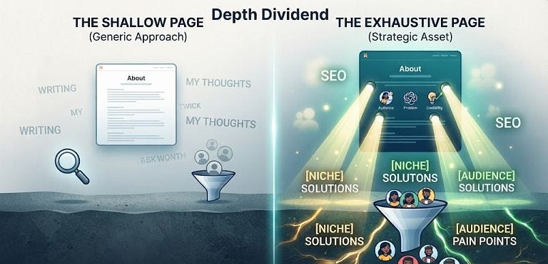 Benefits of an exhaustive "About" page "Depth Dividend" Deep, keyword-rich, and structured, showing how it captures more value (search visibility and qualified subscribers)