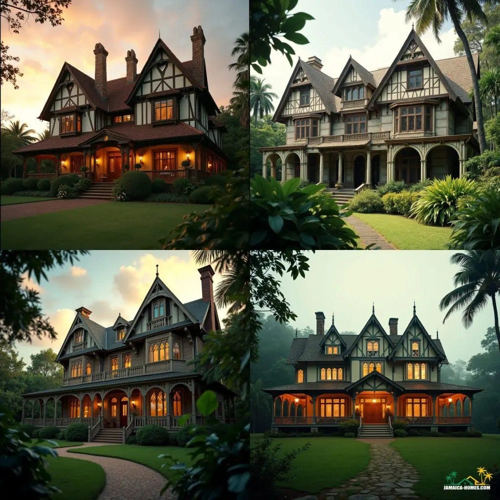 A majestic Tudor-style mansion in Jamaica, with steeply pitched gable roofs, half-timbering, and tall narrow windows with diamond-shaped panes, set against a lush tropical backdrop