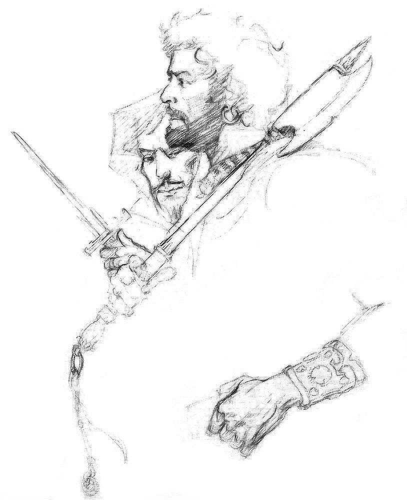 Loose sketch featuring Fafhrd in profile with an axe resting on his shoulder. He tucks a thumb of his offhand into his belt which is implied rather than drawn. Behind him, head barely visible behind his bulk, is Grey Mouser with thin mustache and pointed beard. Mouser brandishes a long thing dagger.