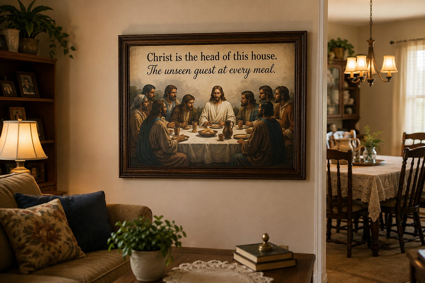 Image of a painting hung on a wall reading, Christ is the head of this house. The unseen guest at every meal.