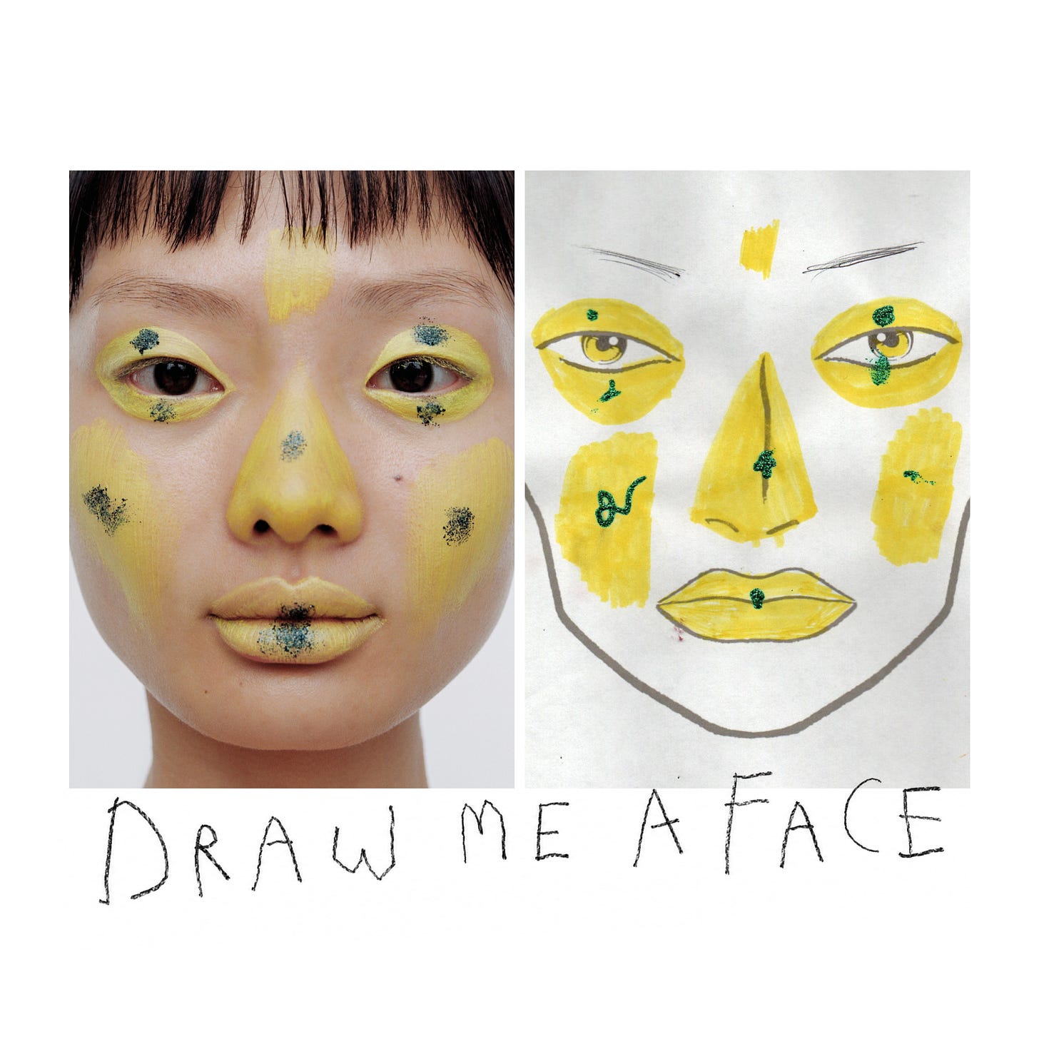 Look 16 imagined by Anonymous, covers the whole face in yellow with scattered teal glitter.