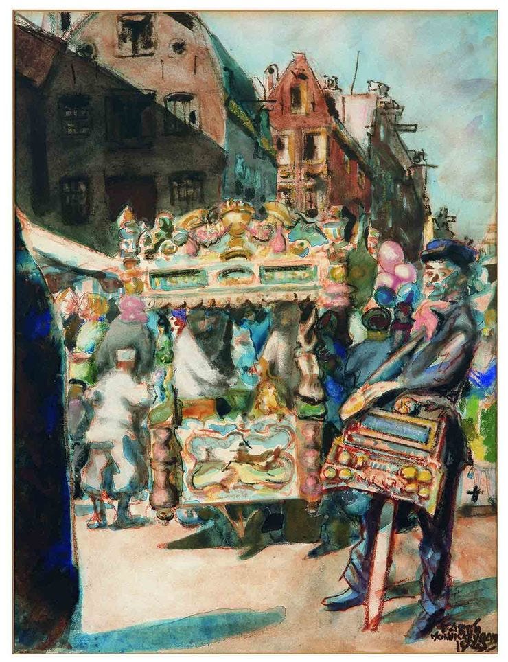'IJskar en draaiorgeltje op het Waterlooplein, Amsterdam' - aquarel en krijt: Martin Monnickendam (kavel 4653 - Veilinggebouw de Zwaan)
