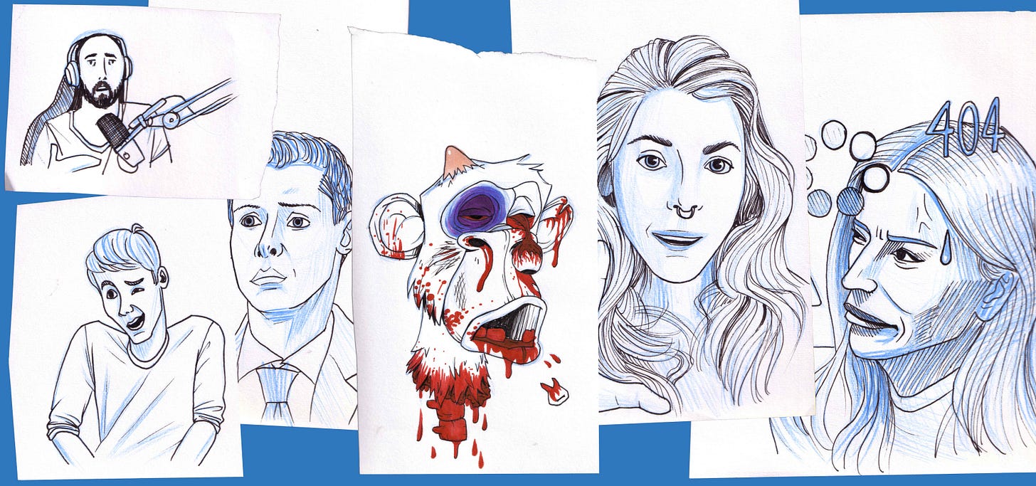 Traditional sketches of relevant AI figures and quoted subjects. From left to right: Asmongold, Sam Altman, the Bored Ape NFT beaten up, film critic Jstoobs, and Emira Murati.