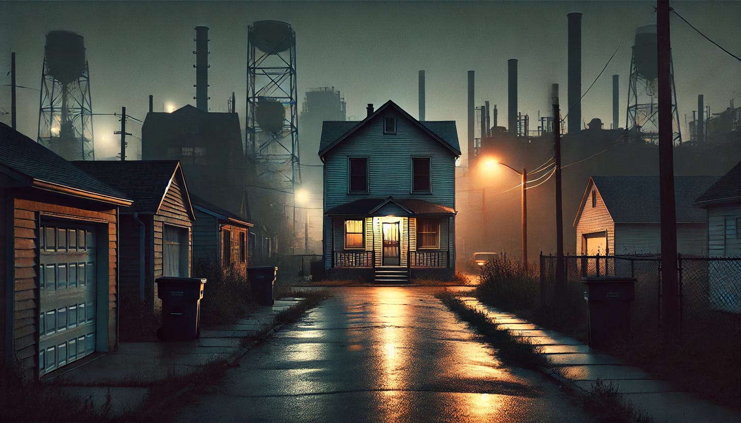 A nighttime scene transitioning from an industrial area into a quieter residential street. The wet pavement reflects the dim glow of fading streetlights, leading to a row of smaller, older houses. One modest two-story home with peeling paint stands out, its single porch light glowing faintly above the doorway. The atmosphere is quiet and subdued, with a sense of tension in the air. The setting captures the contrast between the industrial and residential environments, evoking a feeling of modest lives in the shadow of factories and warehouses.