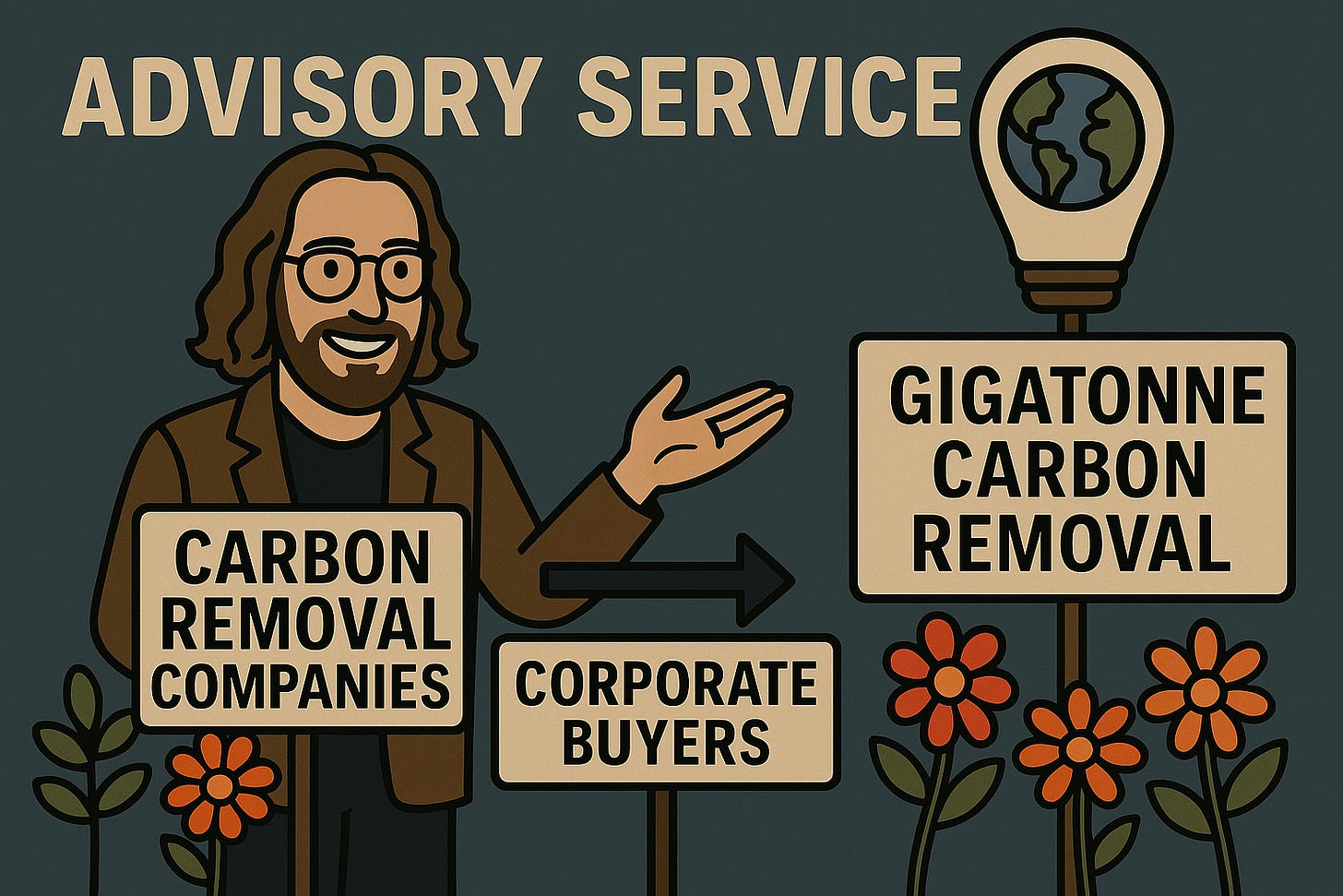 Illustration of Paul guiding carbon-removal companies and corporate buyers toward gigatonne-scale solutions