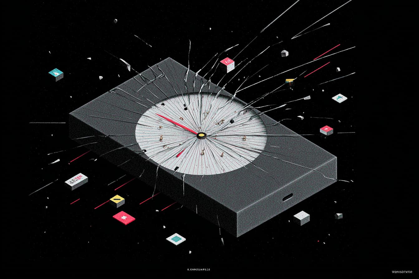 a shattered clock surrounded by floating blocks on a black background