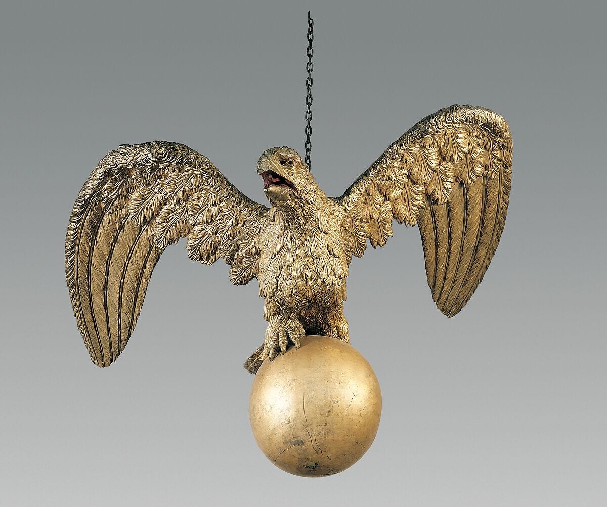 Eagle, William Rush (1756–1833), Carved wood (probably Eastern white pine), gessoed and gilded, and cast iron, painted, American Eagle, William Rush (1756–1833), Carved wood (probably Eastern white pine), gessoed and gilded, and cast iron, painted, American