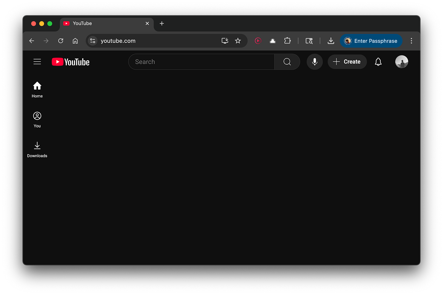 YouTube homepage with no content. Just an empty page.