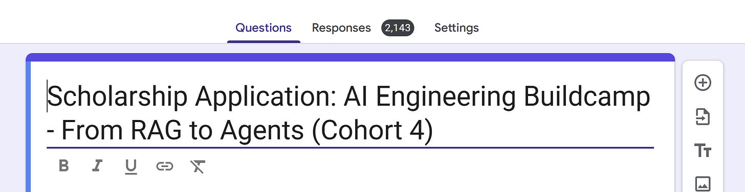 Scholarship application form for cohort 4 showing 2,143 responses