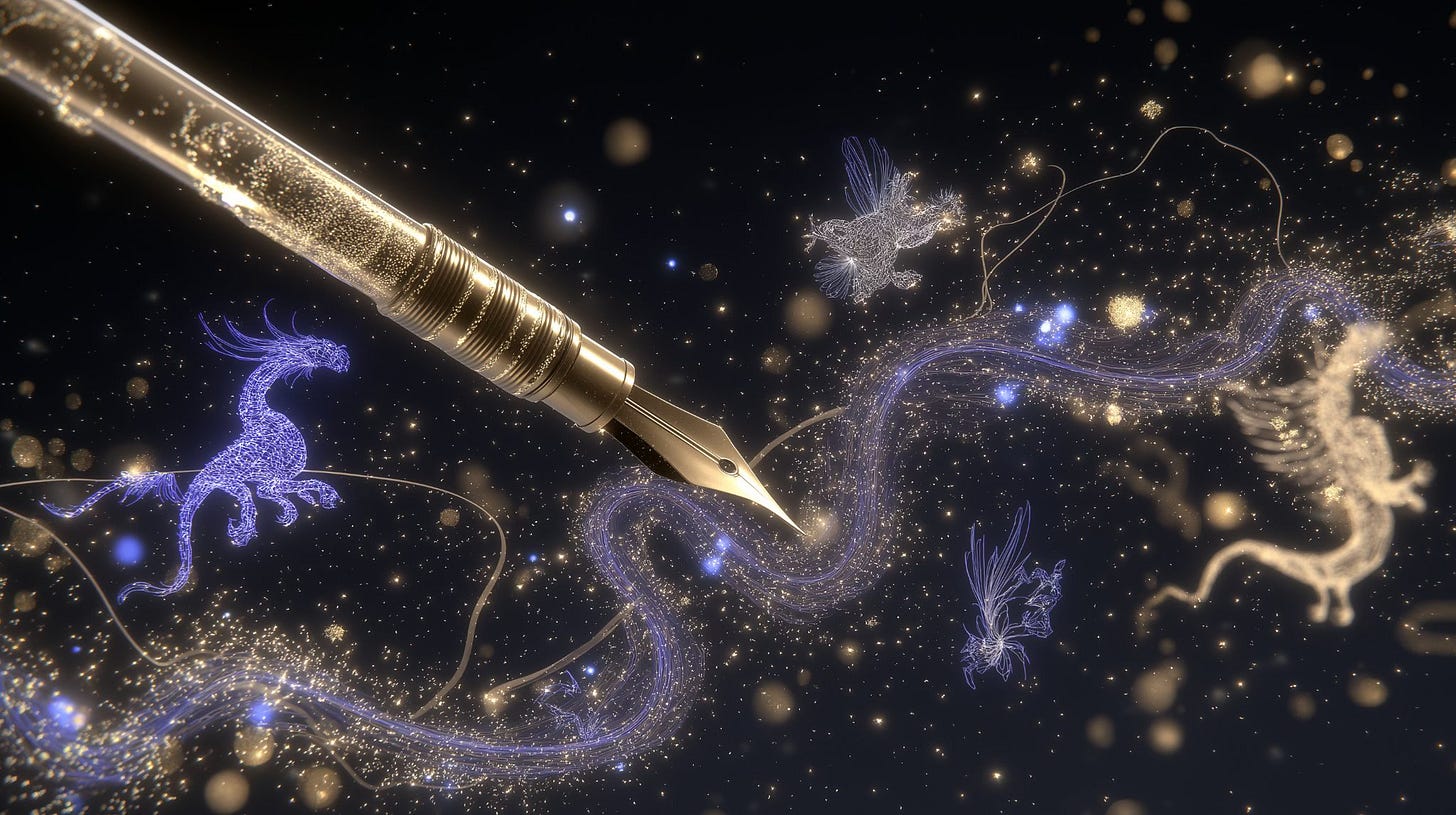 A golden fountain pen hovers in a star-filled void, its ink flowing into luminous lines that form celestial dragons and winged creatures made of light and stardust.